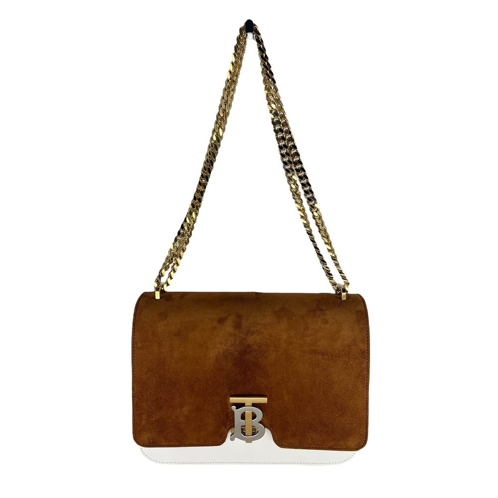 Burberry Medium Two Tone Leather And Suede Tb Bag In White